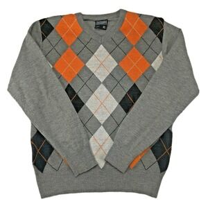 Southpole Mens XL Argyle V-Neck Sweater Gray Orange Black Acrylic Y2K Streetwear